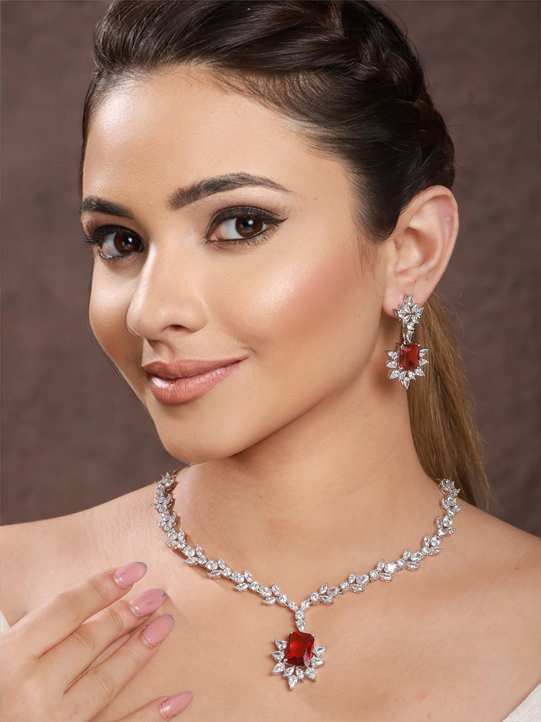 Silver Plated Red Ruby Zircon Floral Statement  Necklace Jewellery Set